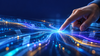 A hand interacts with a digital touch interface, illuminating vibrant streams of data