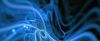 Swirling blue and white light trails form wavy circular patterns against a black background.