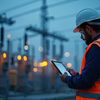 Man in reflective vest viewing a clipboard in front of electrical towers