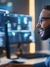 A smiling man wearing headphones and a headset happily works in front of two computer monitors.
