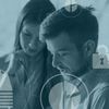 Two people work together, superimposed with digital iconography.