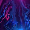 Blue and pink circuitboard.