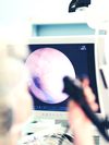 A person looks at a point-of-care image on a digital display. 