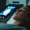 Patient with eyes closed undergoing a scan