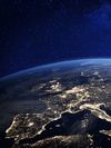 Satellite image of Europe and northern Africa taken at night.