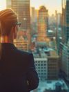 Female businesswoman in a suit looks over a sunny cityscape from a high vantage point.