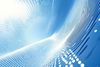 An abstract digital background with rippling wave-like patterns of dots and lines in a blue and white gradient.