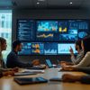 A group of business professionals are having a discussion as they observe a TV displaying charts and data.