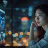 A woman is observing a computer screen displaying multiple different graphs and statistics, with city lights softly glowing in the background.