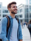 A young man carrying a backpack smiles as he walks around in a university campus.