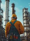 A worker wearing a yellow hard hat and safety gear stands with his back to the viewer, facing a large industrial refinery with high metal structures, pipes, and chimneys. The worker's tool belt is equipped with various tools.